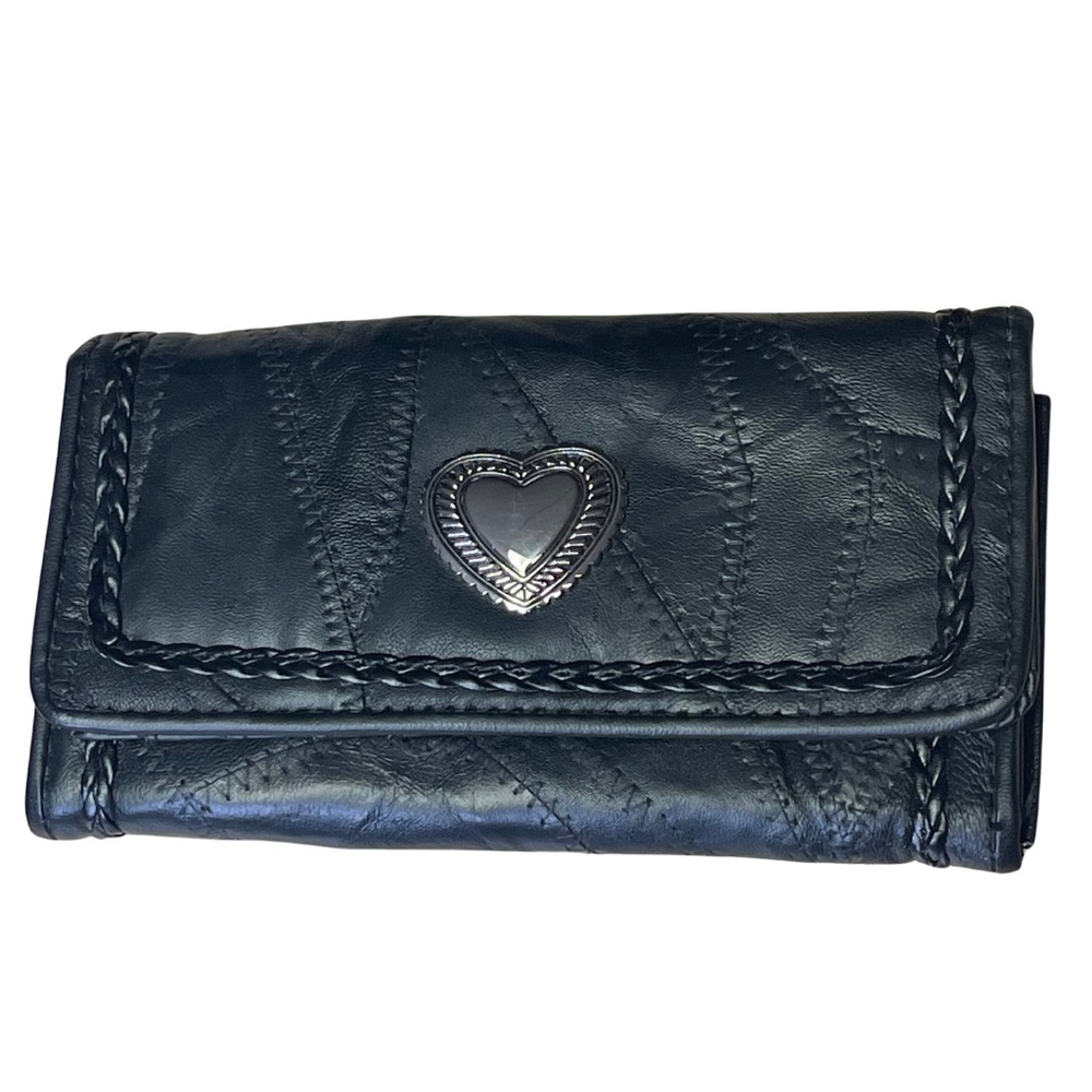 Black patchwork leather wallet silver heart detail